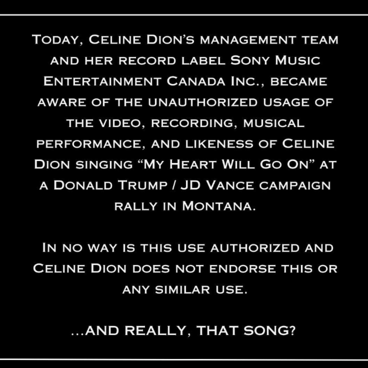 celine dion message trump