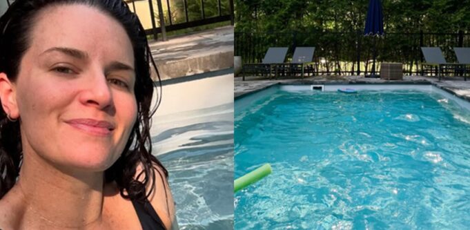 Marie-Eve Janvier pose en maillot dans sa piscine